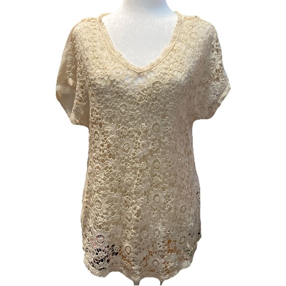 Cynthia Rowley Blouse Women Medium Beige Floral Lined Crochet  V Neck Fairycore - Picture 1 of 16